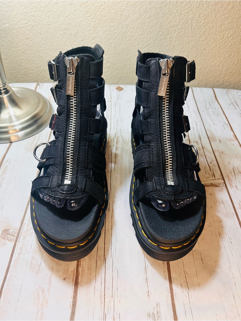 Dr. Martens Gladiator Sandals Olson Zip Front Black Leather Silver Accents - Picture 2 of 9